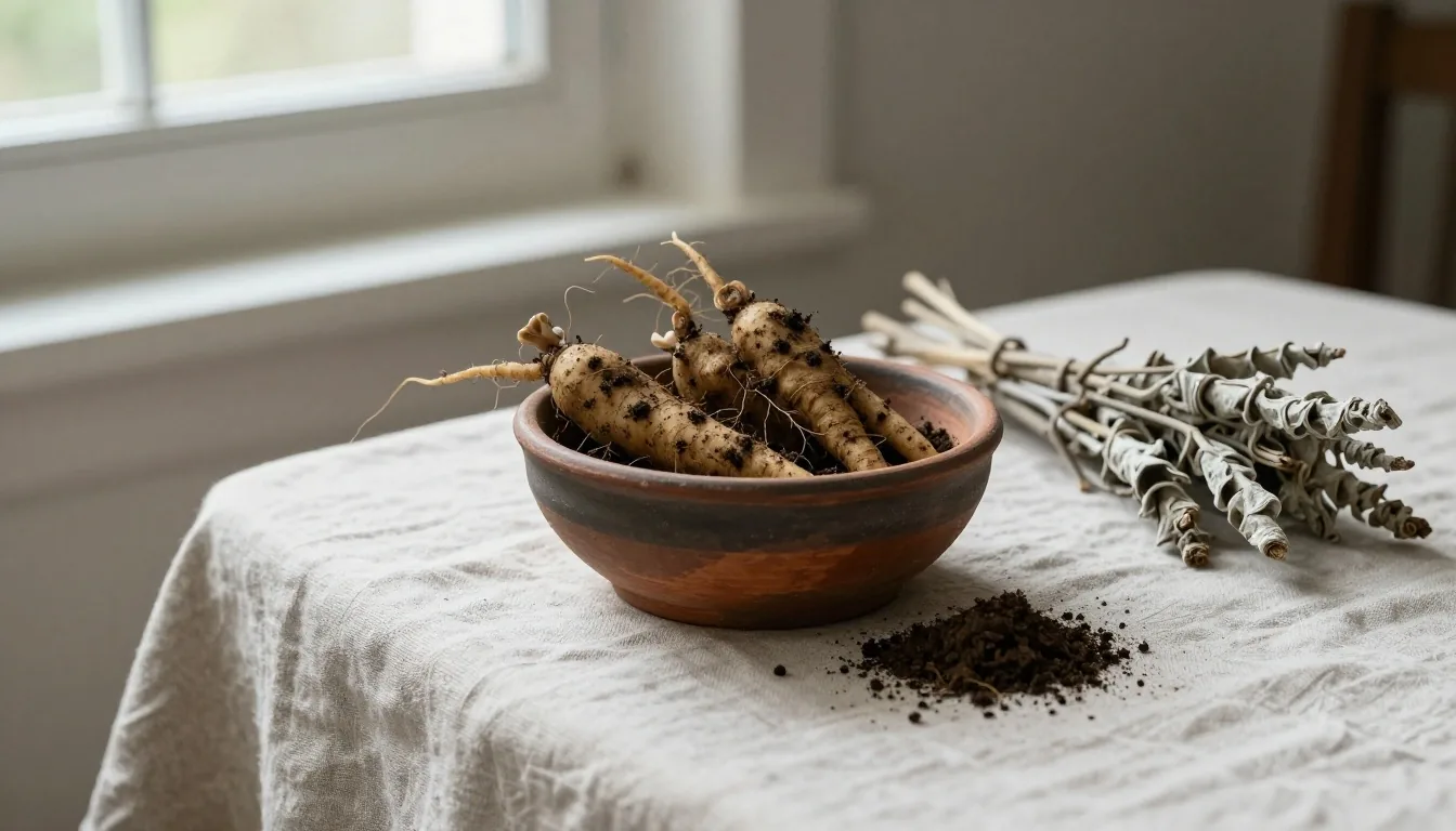 Ashwagandha root and maca powder — natural energy and endurance supplements for men