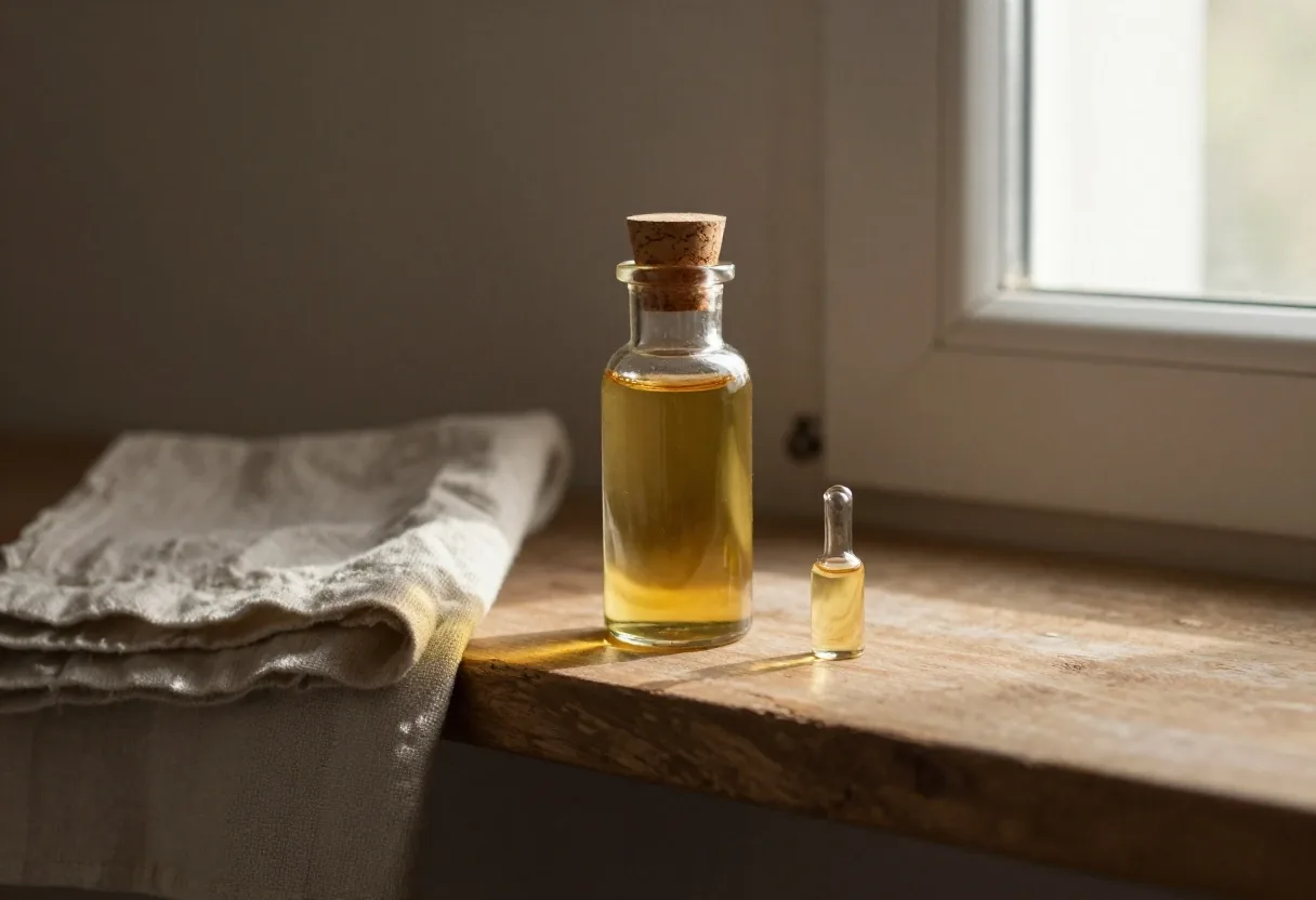 Glass bottles and oils on a wooden surface — softgel and liquid supplement formats